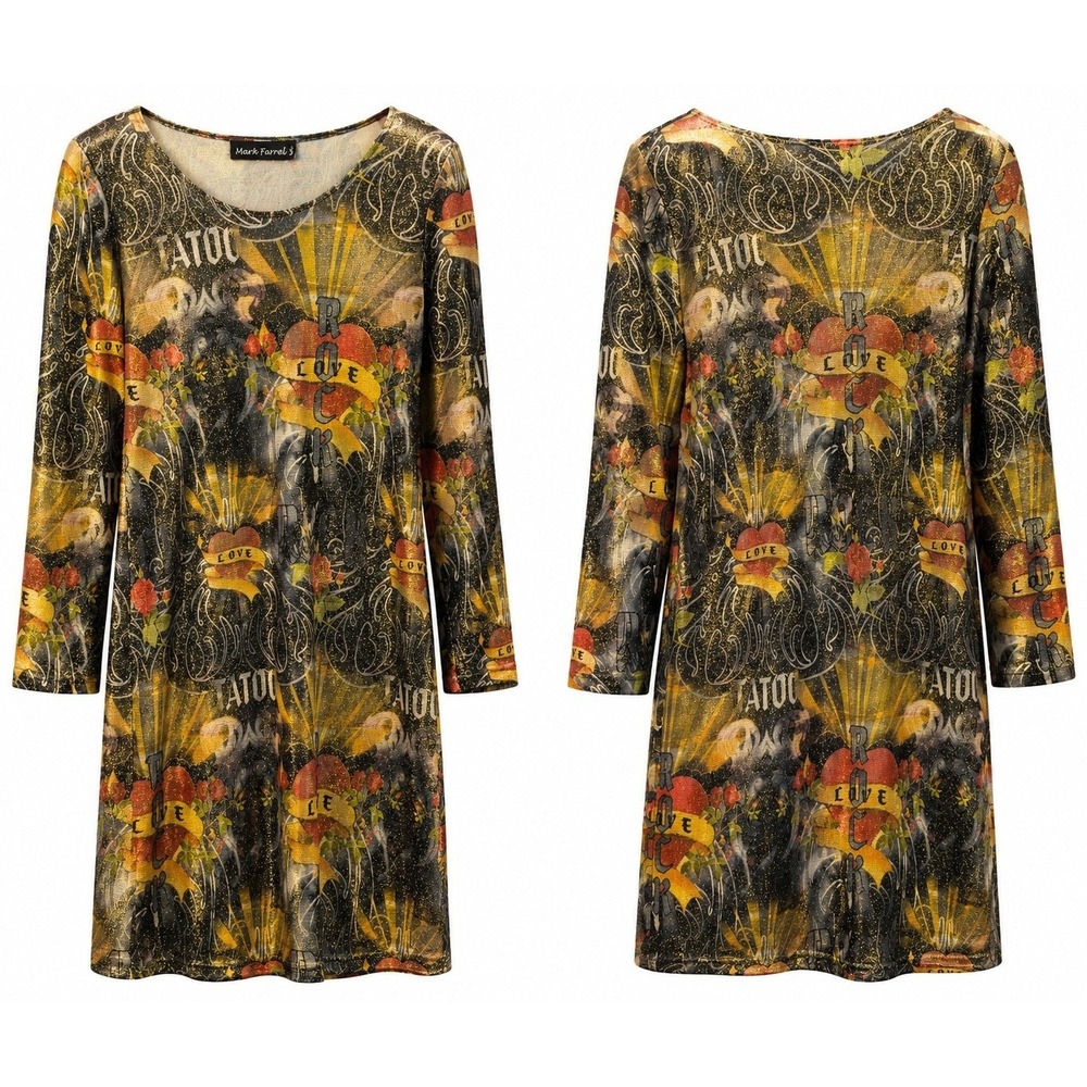 Vintage Mark Farrel Tattoo Print Metallic Midi‎ Dress y2k 90's Large Made in USA